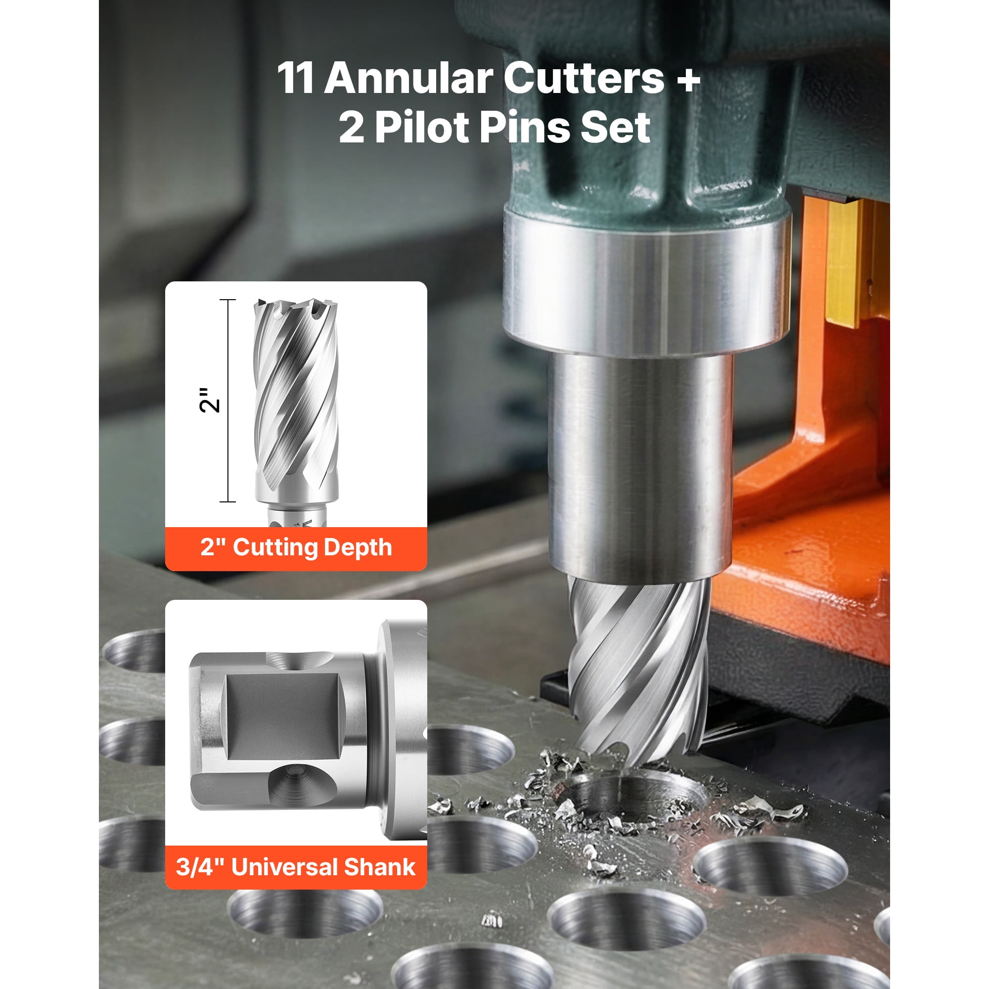 KFFKFF 13-Piece Annular Cutter Set, Universal Shank Drill Bit Kit, 2" Cutting Depth, 7/16" to 1-1/16" Diameter, HSS Material, Includes 11 Drill Bits, 2 Pilot Pins, and Plastic Case