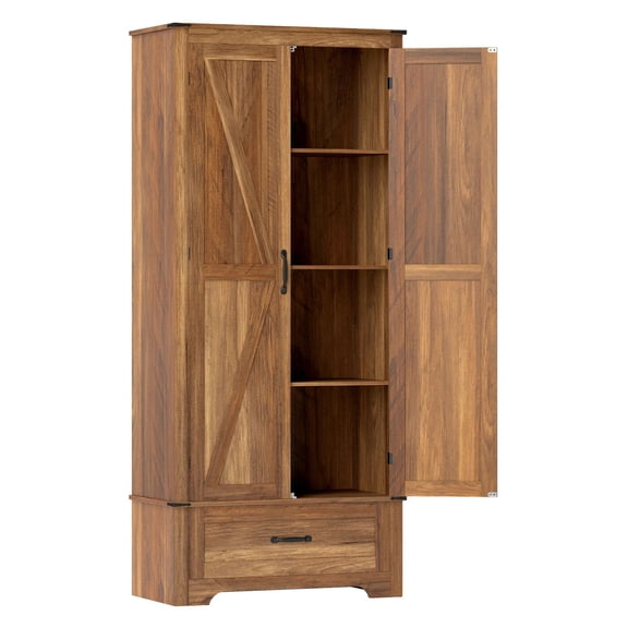 72" Farmhouse Pantry Cabinet, Kitchen Storage with Adjustable Shelves & Barn Doors - Brown