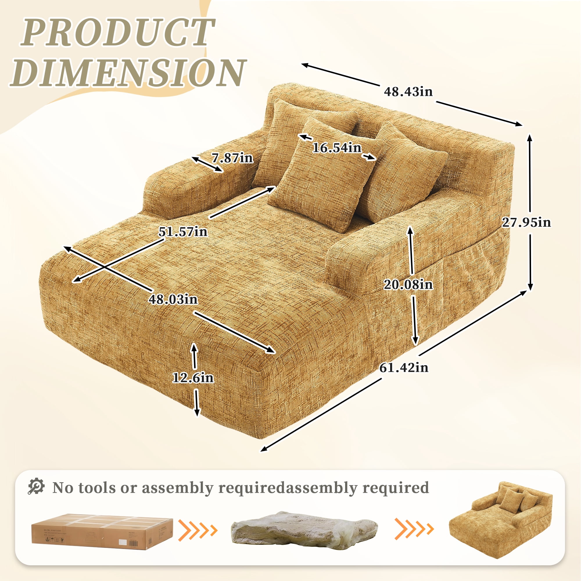 MOONMISS Oversized Chaise Lounge Chair Indoor Furniture, No Assembly Required, Plush Chenille Cloud Floor Sofa Bed for Living Room,Yellow