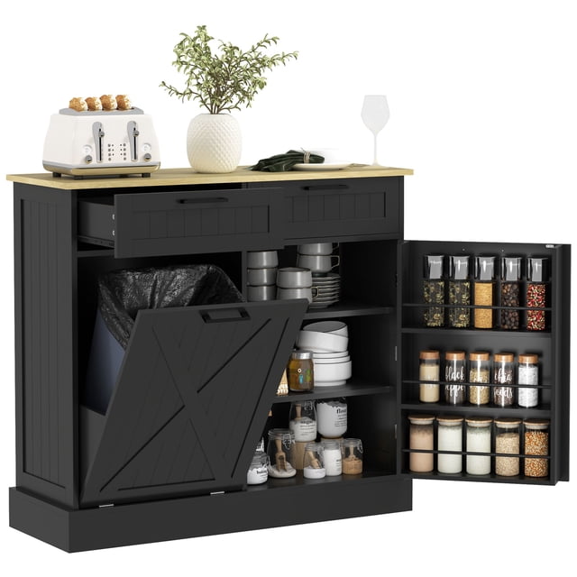 Black Kitchen Island with Hidden Trash Cabinet & Drawers - 39.4" Storage Buffet Sideboard for Living Room, Dining & Entryway