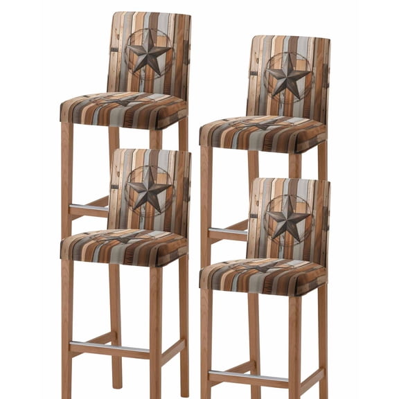 Country Star Brown Bar Stool Covers Set of 4, Western Texas Vintage Farmhouse Wooden Stretch Bar Chair Covers with Backs, Removable Pub Counter Height Chair Cover for Kitchen Dining Room Cafe