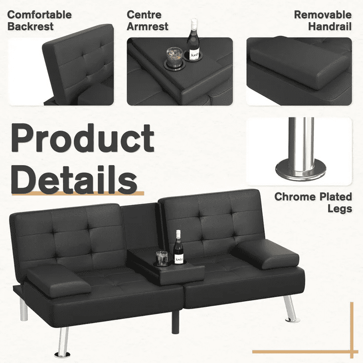Lacoo 2-Pack Futon Sofa Bed Modern Convertible Sleeper Couch with Removable Armrests & Cup Holders for Living Room,Small Spaces,PU Leather Black