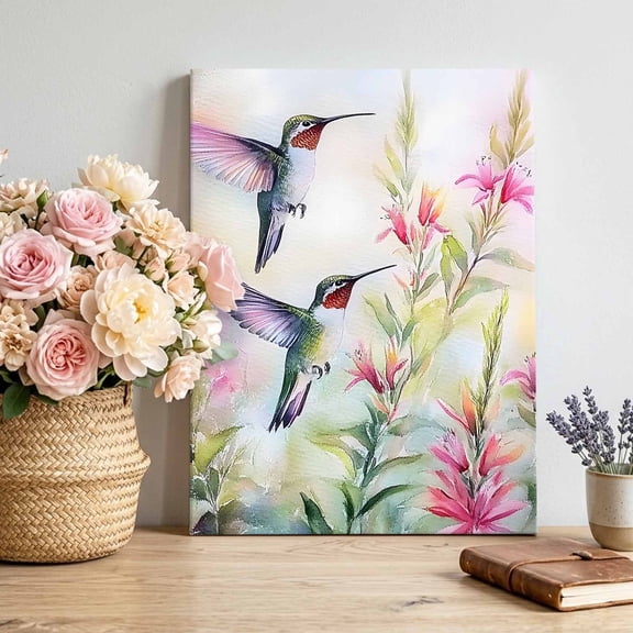 Canvas Wall Art Spring Floral Canvas Art Print Hummingbird Pink Floral Pastoral Spring Scenery Oil Painting Pictures Wall Decor for Living Room Artwork Decorations Framed Ready to Hang 11"x14"