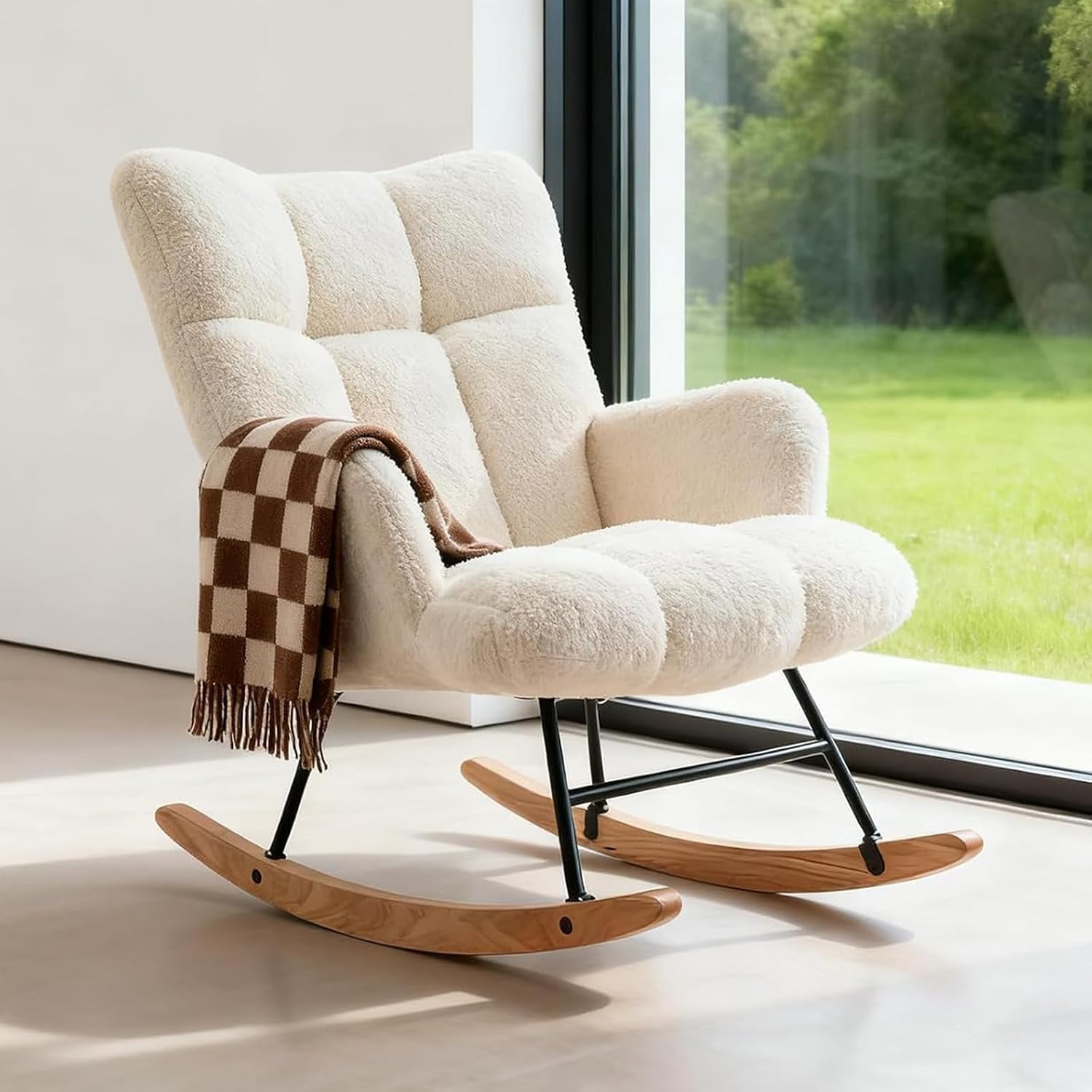 Nursery Rocking Chair, Upholstered Glider Chair with High Back, Soft Teddy Fabric Accent Rocker, Comfortable Reading Chair for Nursery, Living Room & Bedroom, Ivory White