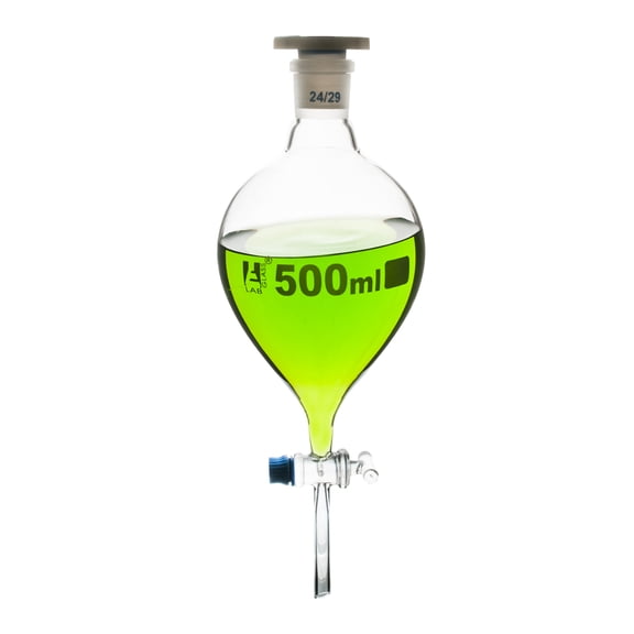 Separating Funnel, 500ml - Pear Shaped - 24/29 Plastic Stopper, Glass Key Stopcock, Stem with Cone - Borosilicate Glass - Eisco Labs