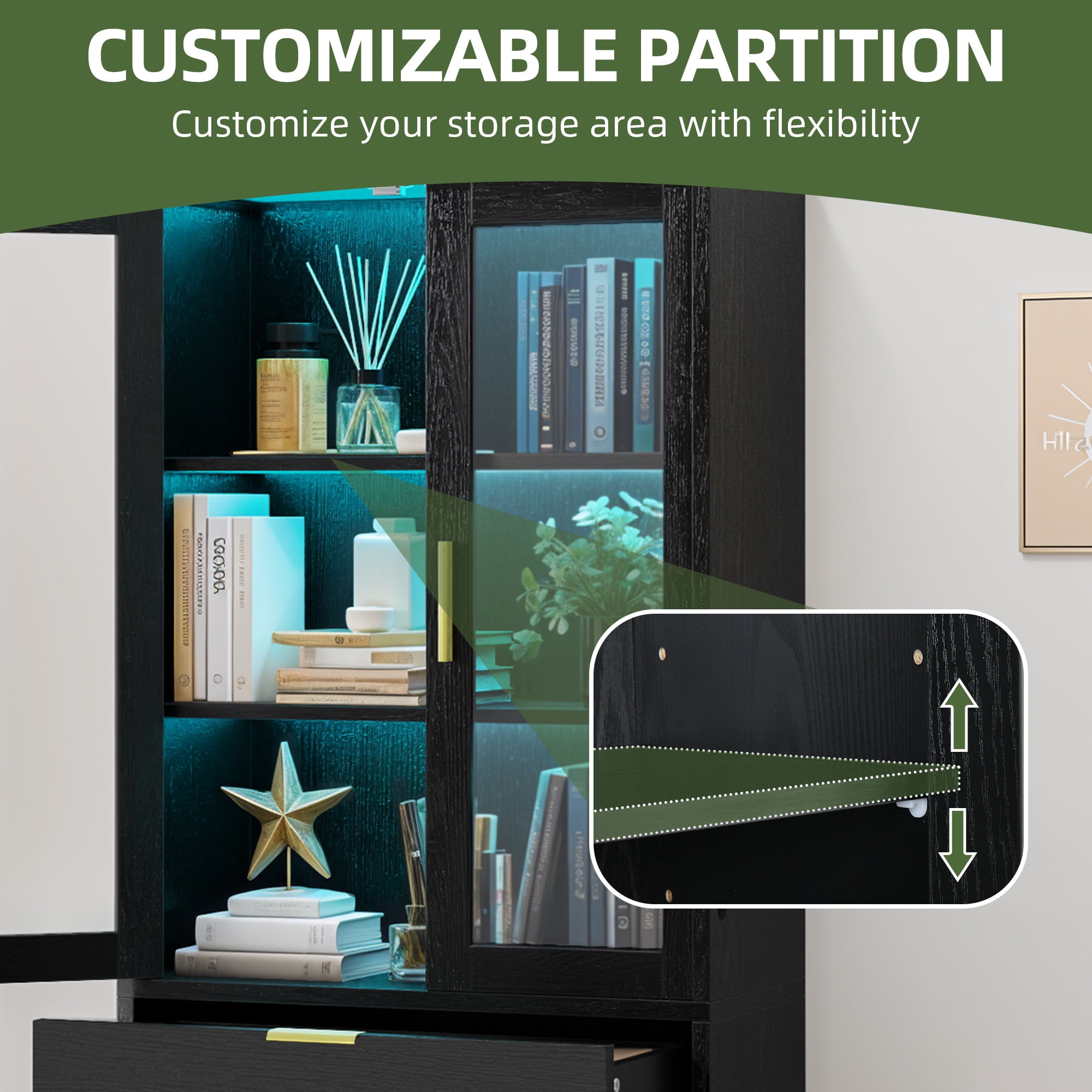 Uforic 65" Bookcase with Drawers & Doors, Tall Storage Cabinet with Adjustable Shelves, Display Bookshelves, Black