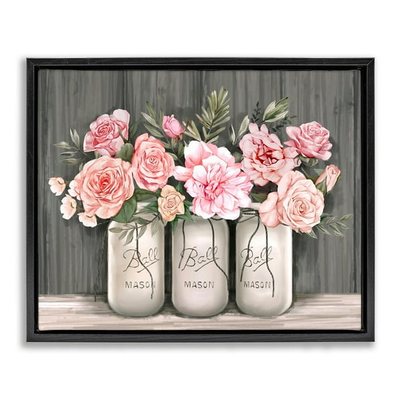 Stupell Industries Blossoming Pink Rose Bouquets Rustic Country Jars Jet Black Framed Floating Canvas Wall Art, 16x20, by Ziwei Li