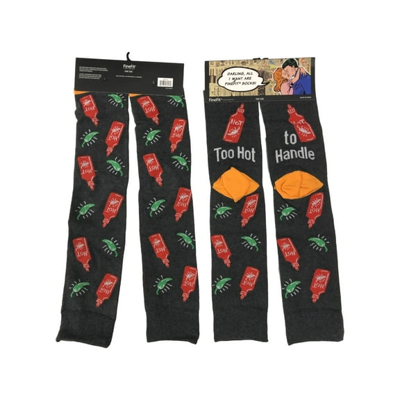 Fine Fit Adult Mens 2 Pair Gray Hot Sauce Themed Too Hot Crew Socks Gift Set
