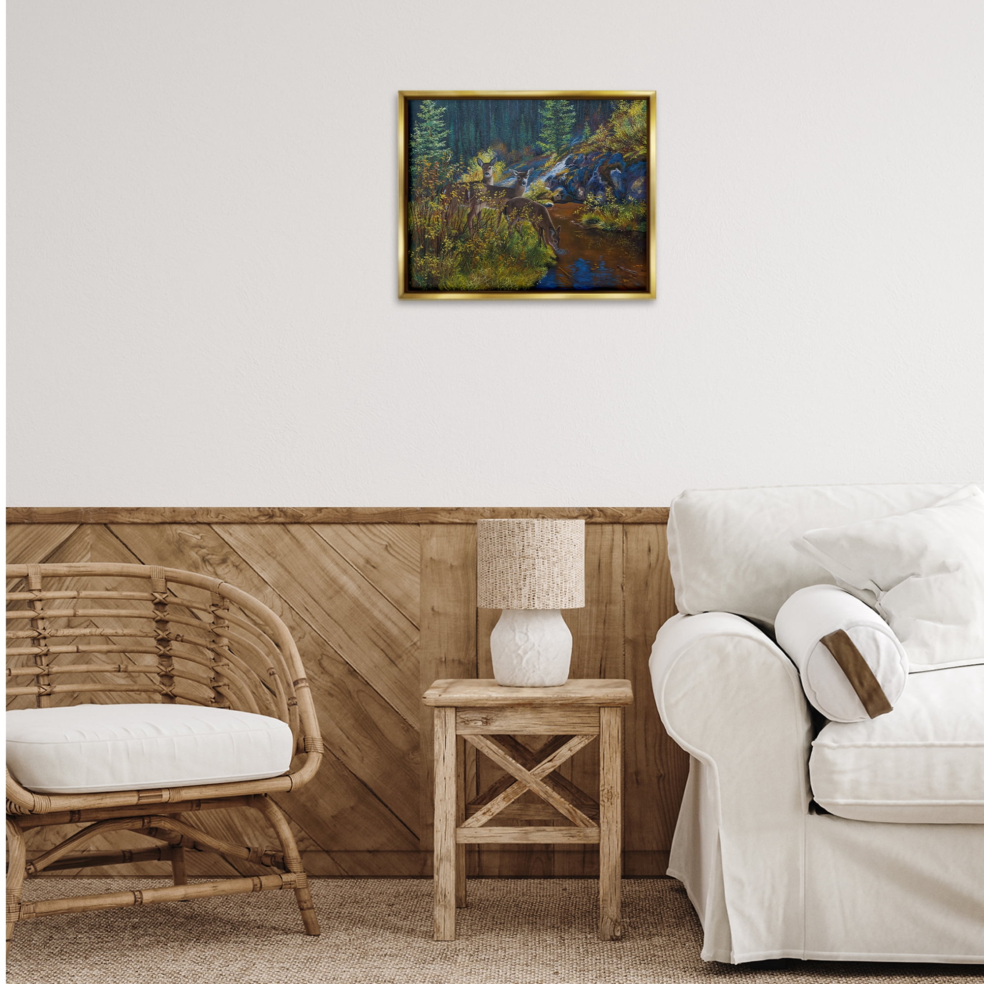 Stupell Industries Deer Drinking from River Landscape & Nature Painting Gold Floater Framed Canvas Art Print Wall Art, 21 x 17