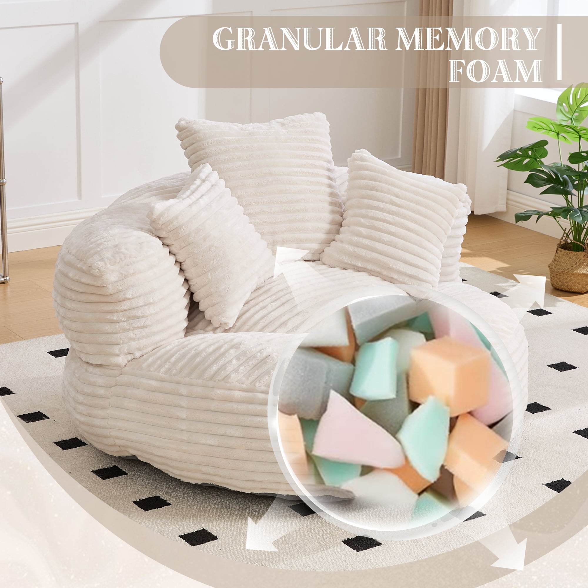 CKEASEAN Oversized Bean Bag Chair for Adults with Armrests & 3 Pillows, Corduroy Bean Bag Sofa with Memory Foam Filler, Lazy Floor Chair No Assembly, Comfy Lounge Seat for Living Room Relaxing