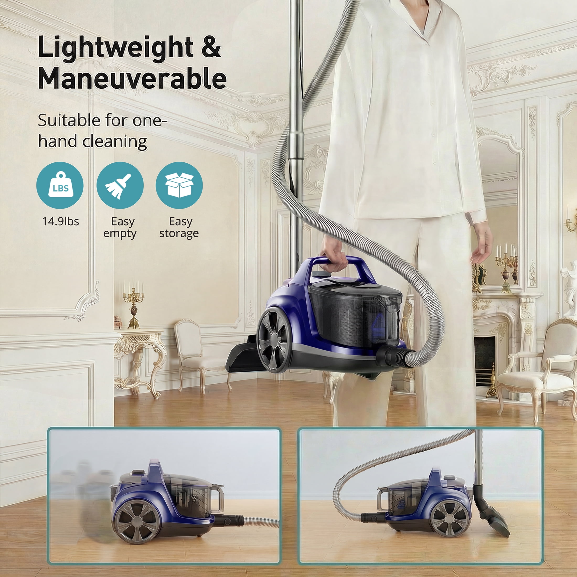 Vacuum Cleaner, 1200W 3.6 QT Bagless Canister Vacuum, Turbo Brush, Double HEPA Filter, Blue