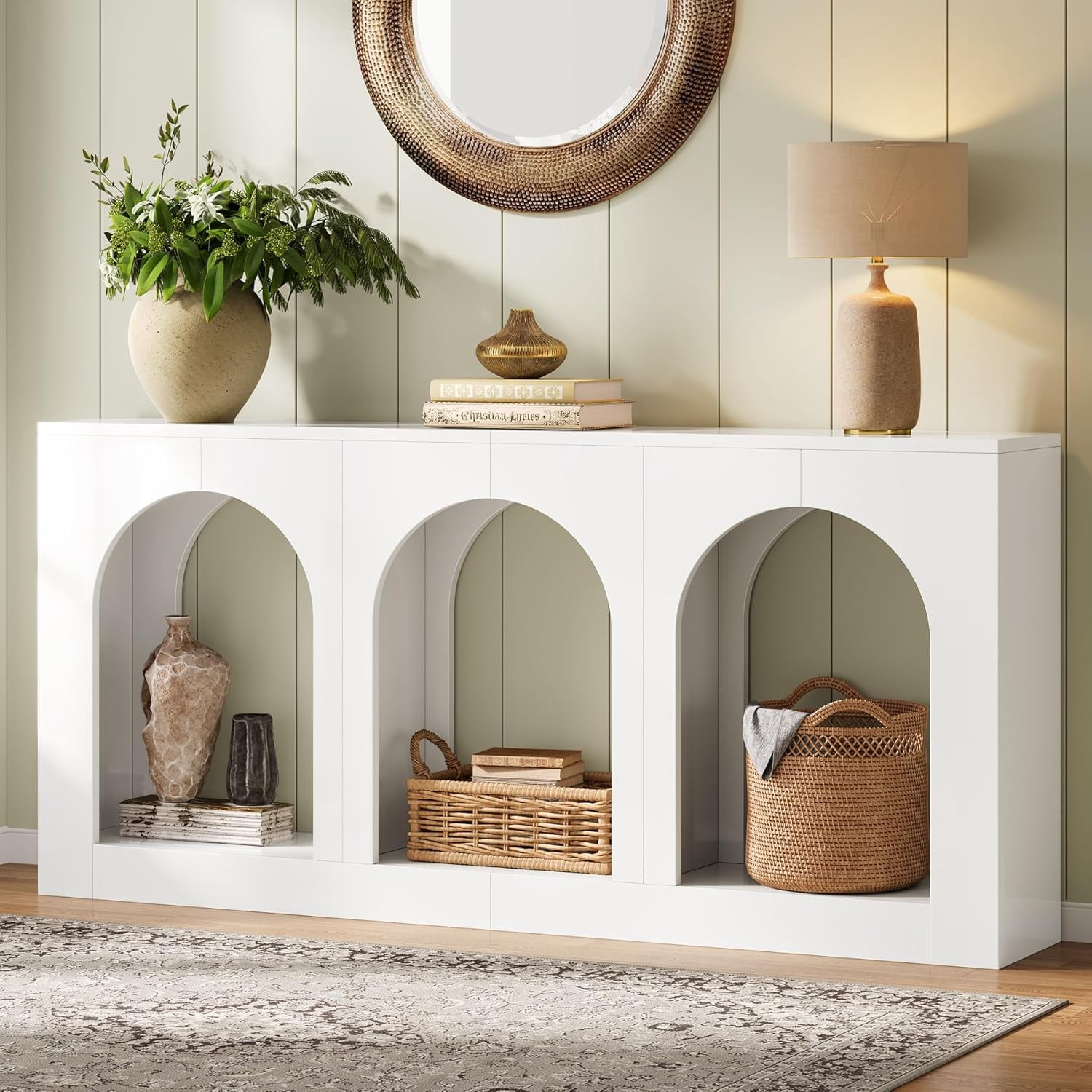 Tribesigns 70.9" White Console Entryway Table: Inviting Design with Three Arched Shelves, Offering Spacious Storage for Foyer, Living Room, Behind Sofa