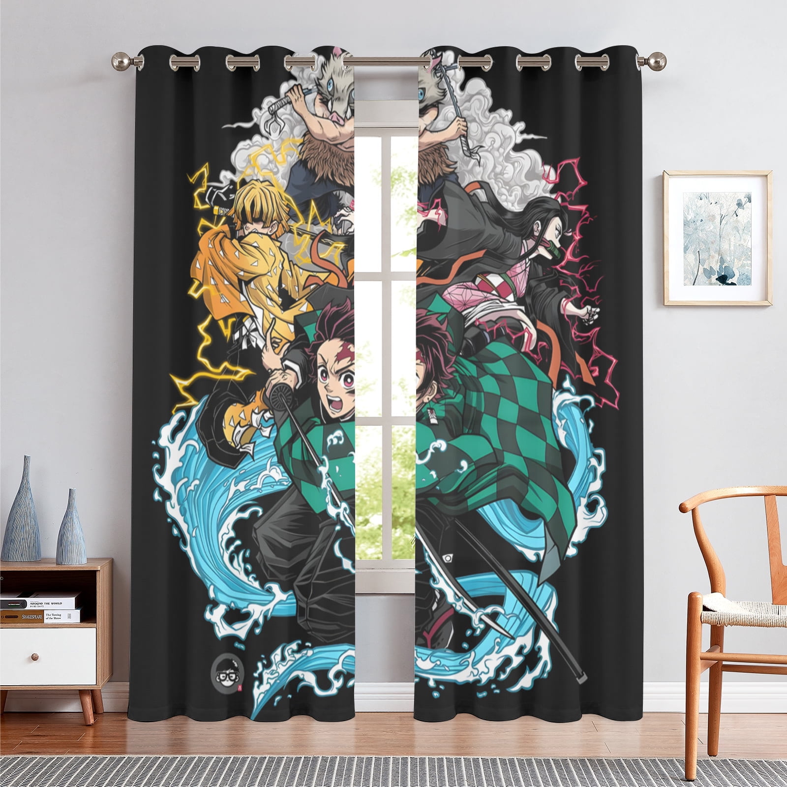 Anime Curtains for Bedroom Drapes Slayer Tanjirou Inosuke Kyoujurou Print Design Window Treatments Curtain Panel Set, 2-Panels, 42" W x 63" L