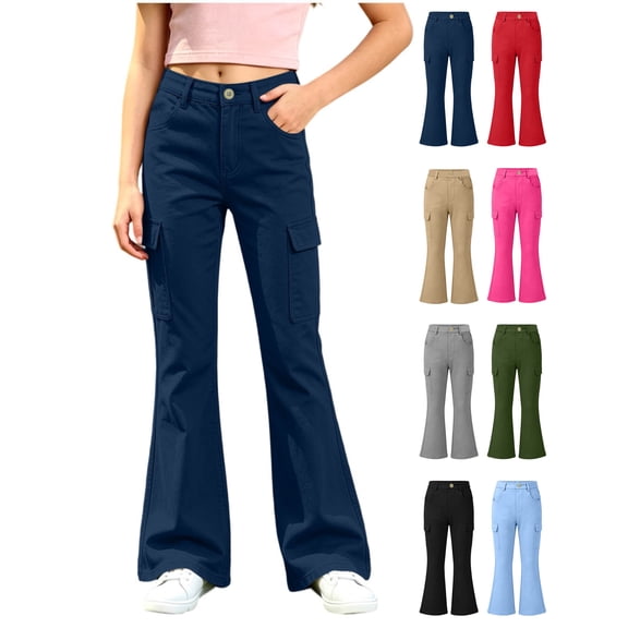 Girls Cargo Flare Pants Bell Bottom Leggings with Pockets Elastic Waist Stretch Bootcut Trousers for Daily Wear (5-15 Years)