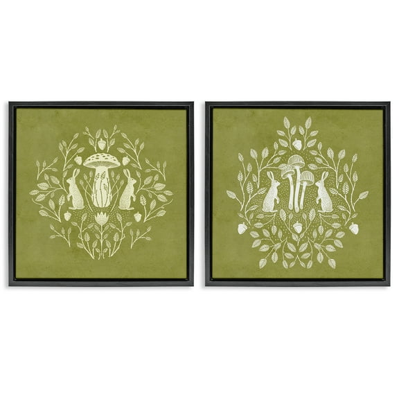 Stupell Industries Boho Bunnies & Mushrooms Animals Painting Black Floater Framed Canvas Art Print Wall Art, 18 x 18, Set of 2