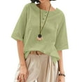 thumbnail image 2 of Wyobmus Womens Summer Tops Loose Fit Button Up Henley Shirt Casual Solid Color Half Sleeve Linen Cotton Tshirt S-3X Green, 2 of 9