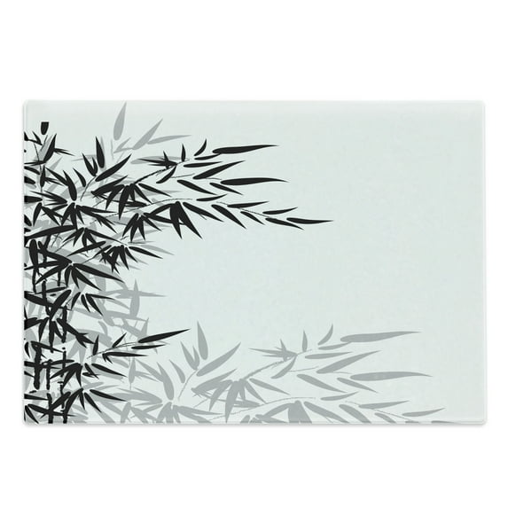 Bamboo Print Cutting Board, Bamboo Leaves on Clear Simple Background Organic Life Illustration, Decorative Tempered Glass Cutting and Serving Board, Large Size, Black and White, by Ambesonne