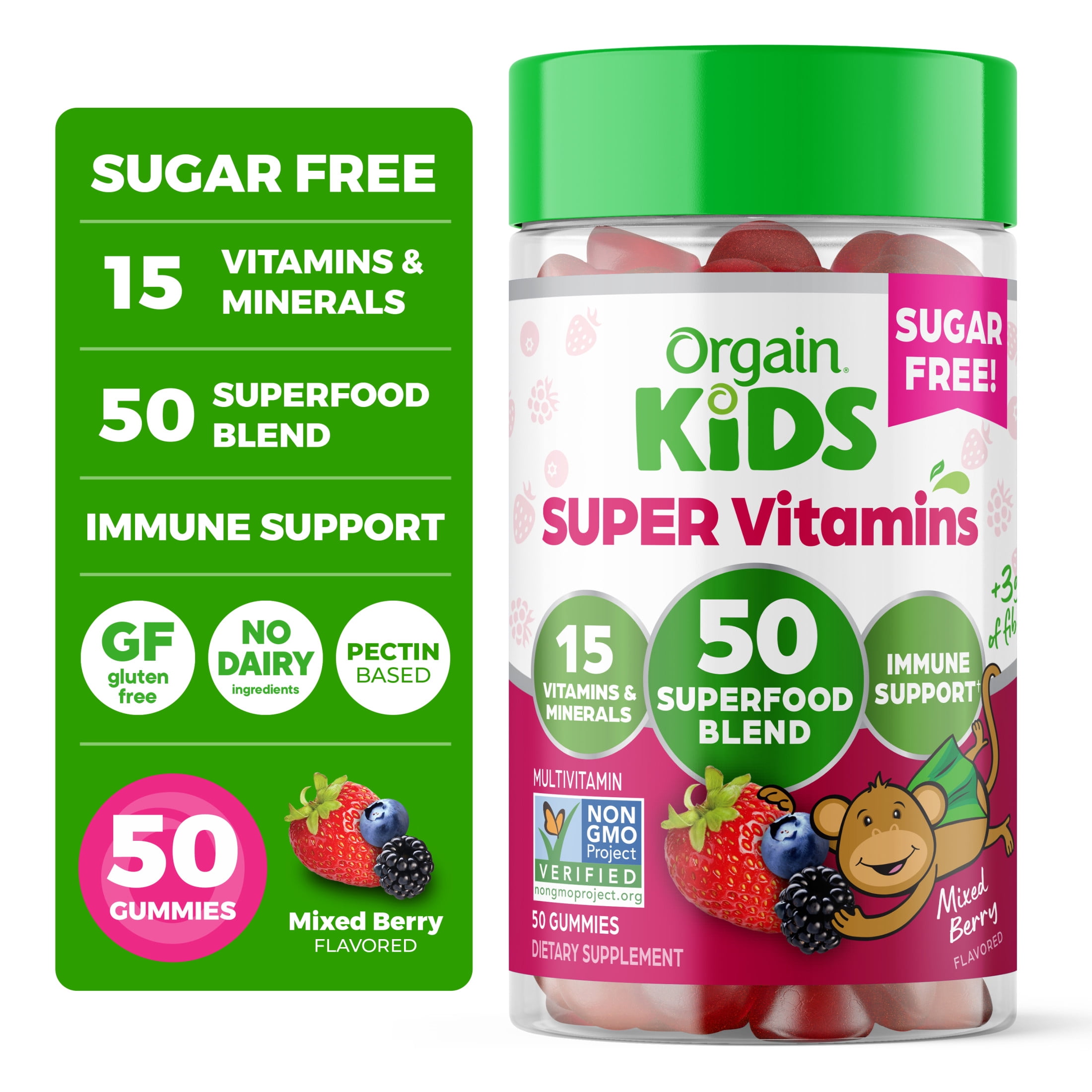Orgain Kids Super Gummy Multivitamin Gummies, Children's Immune Support with Vitamins B12, C, D, E, & Zinc, Sugar Free, Mixed Berry, 50 ct