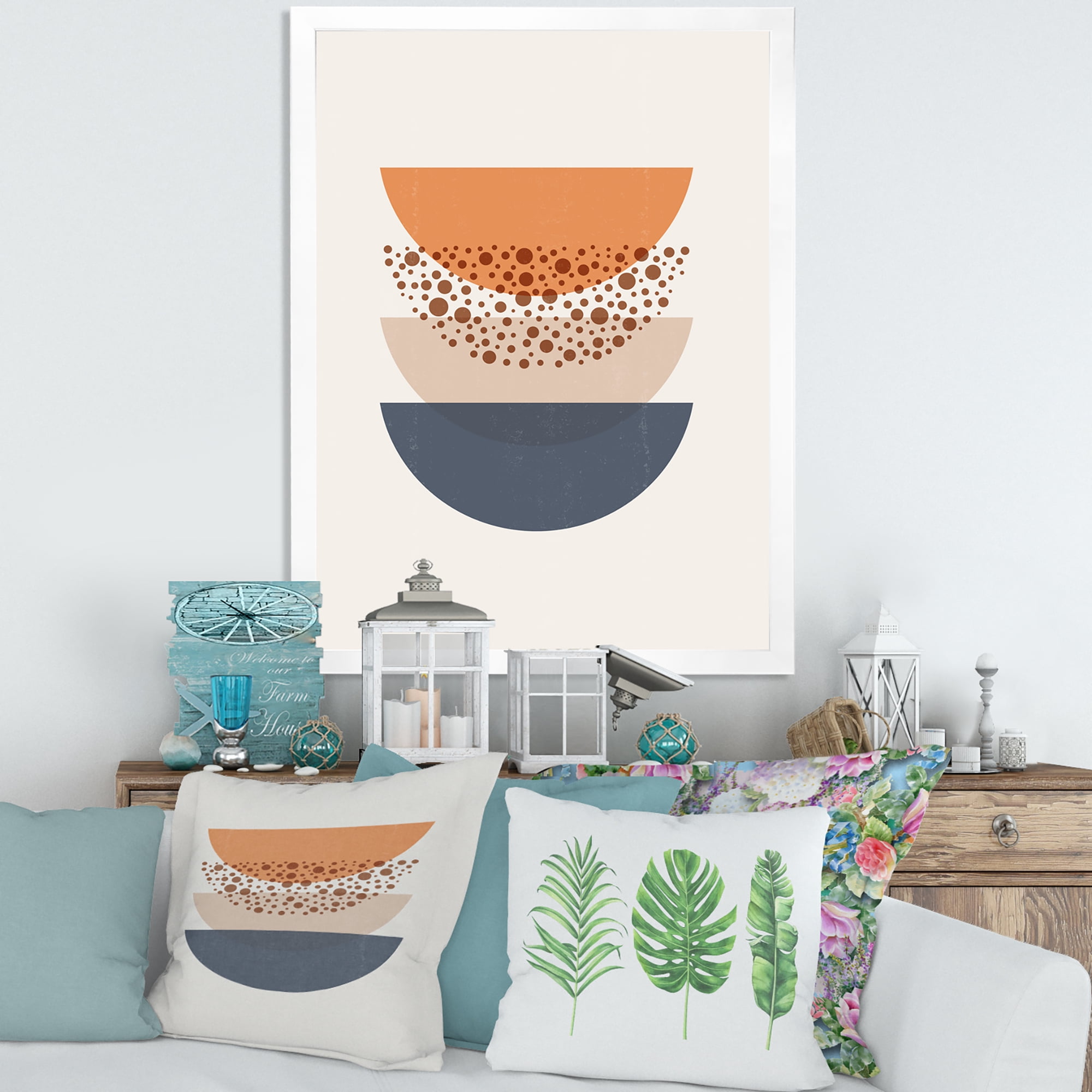 Designart 'Abstract Moon and Sun Geometrics In Blue & Orange' Modern Framed Art Print