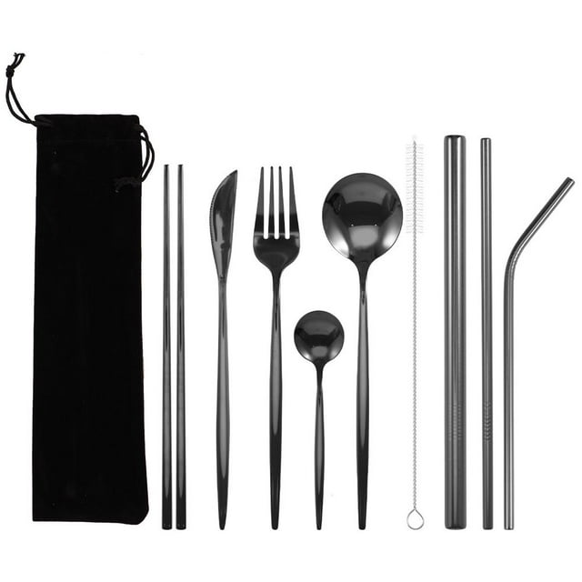 10Pcs Portable Cutlery Set Stainless Steel Travel Cutlery Set Portable Utensil Flatware Set Including Cutter Fork Spoons Chopsticks Straws Cutlery Set with Storage Bag for Travel Camping