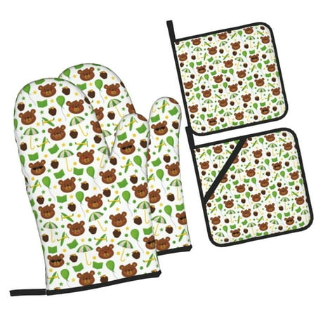 

Fotbe Cute Bear for 4Pcs Oven Mitts and Pot Holders 500℉ Heat Resistant Oven Mitts Non-Slip Silicone Surface Safe for Baking Cooking BBQ