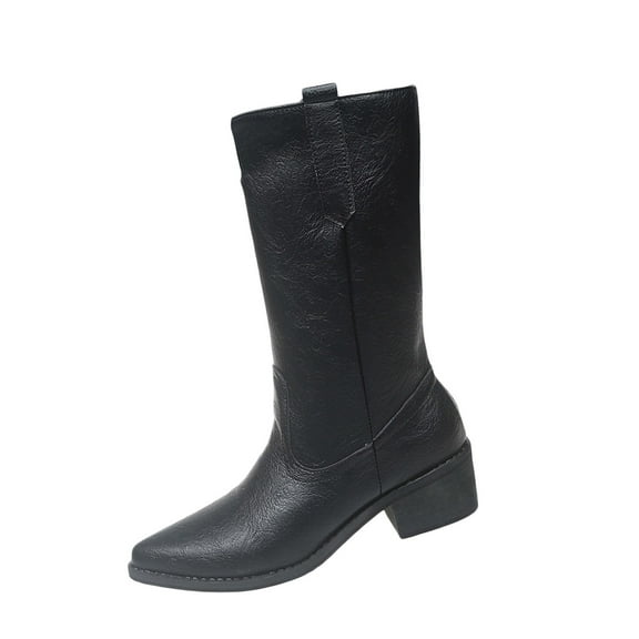 Black Women Mid Calf Boots With Pointed Toe And Thick Sole For Comfort And Elevation Ideal For Autumn Winter
