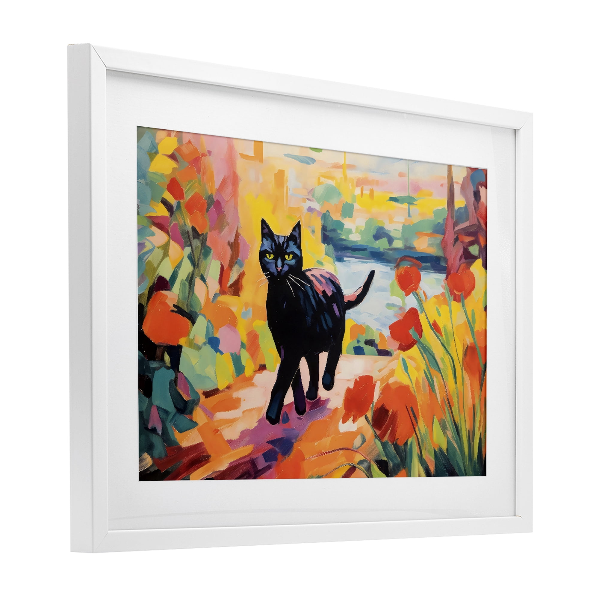 Stupell Industries Sunlit Black Cat in Garden White Framed Print Under Glass, design by Creative Studio