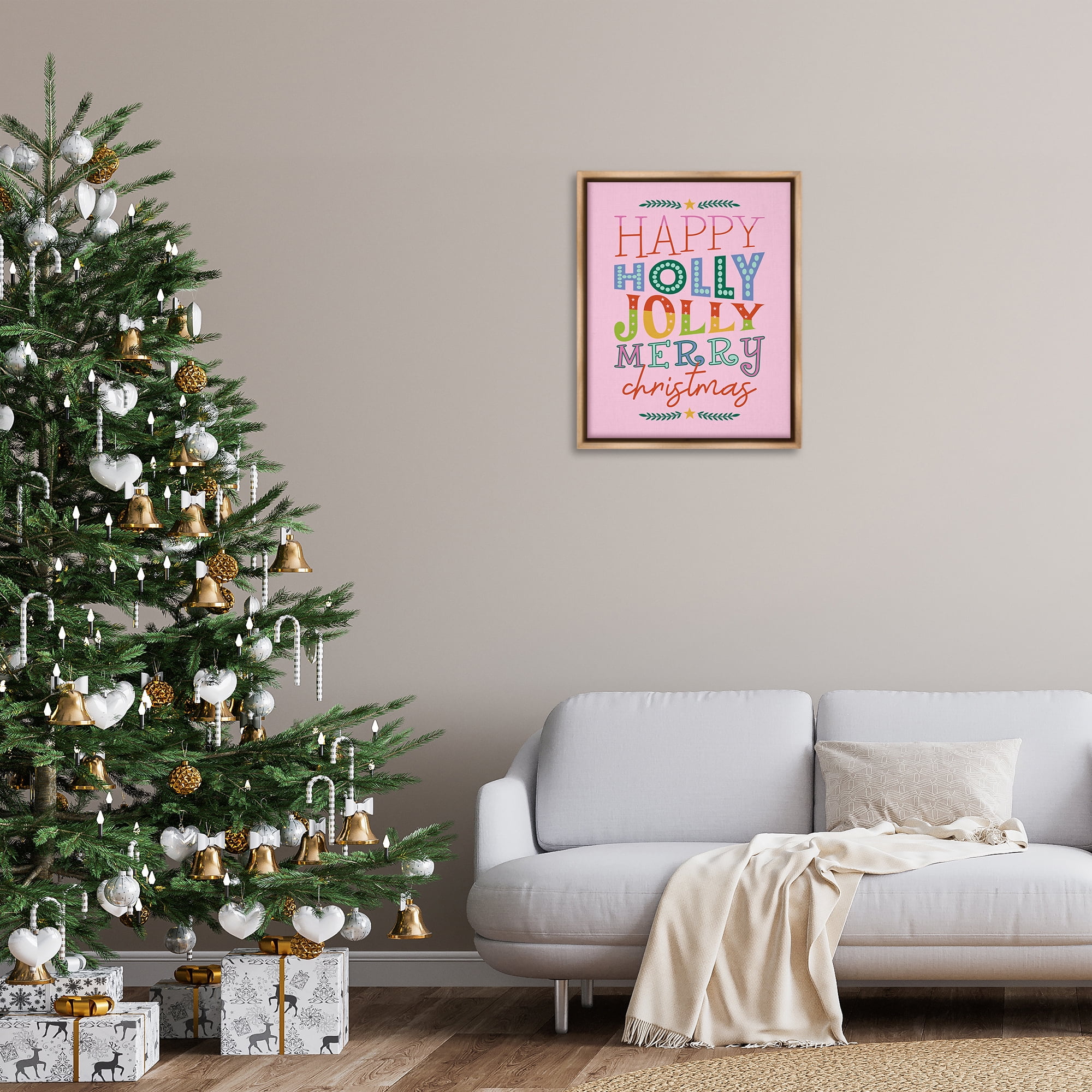 Stupell Industries Happy Holly Jolly Xmas Holiday Painting Brown Floater Framed Canvas Art Prints Wall Art, 25 x 31