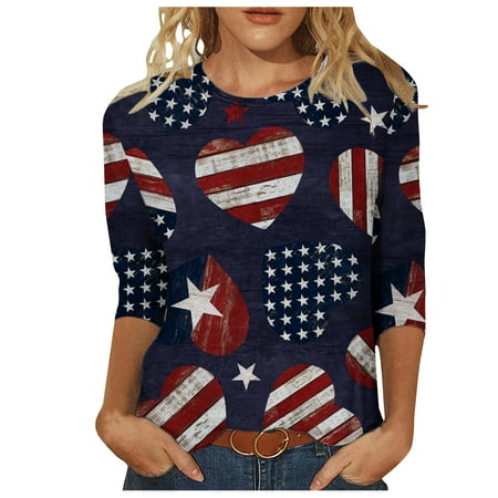 

kakina CMSX Plus Size top Clearance Women s Three Quarter Sleeve Retro Independence Printed Loose Tops Blouse Three Quarter Sleeve