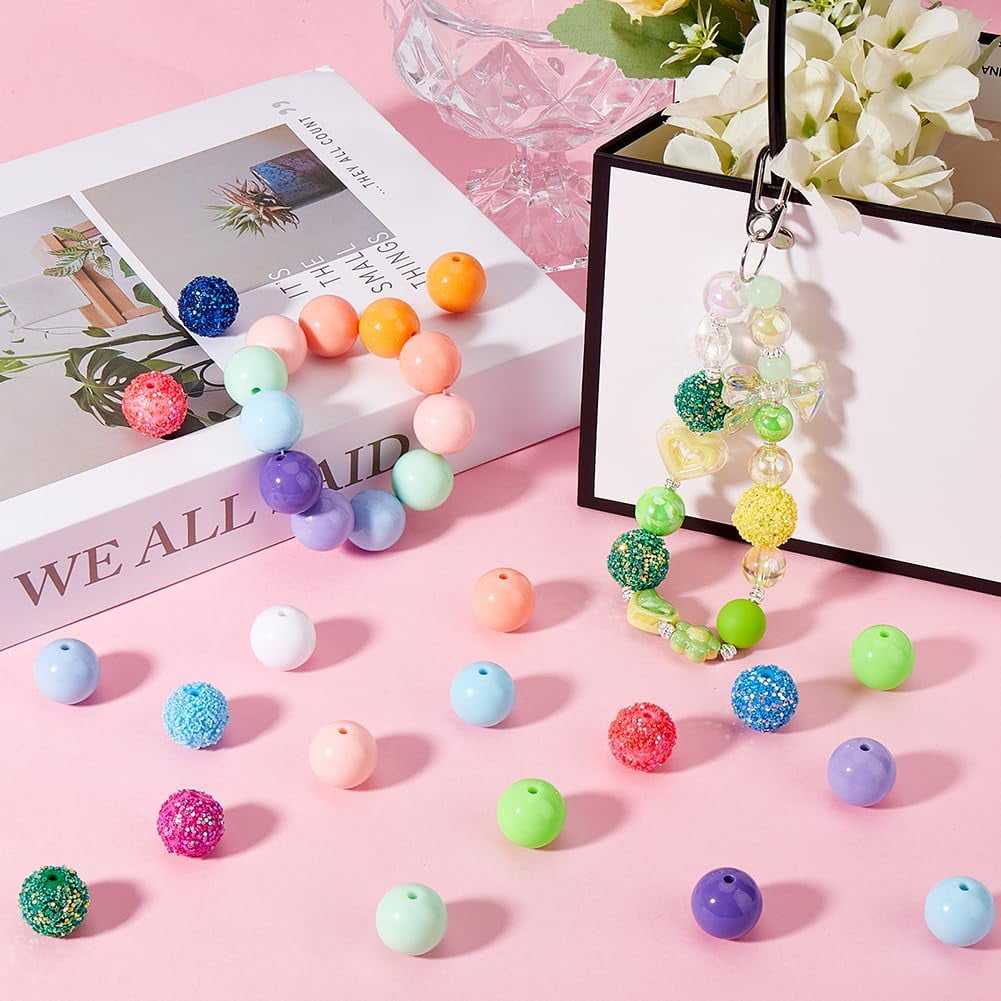 100Pcs Disco Ball Bead Beadable Pens Beads Bulk Acrylic Colorful Bubblegum Rhinestone Chunk Beading Round Large Loose Spacer Beads for Jewelry Making DIY Craft Pen Bracelet Supplies