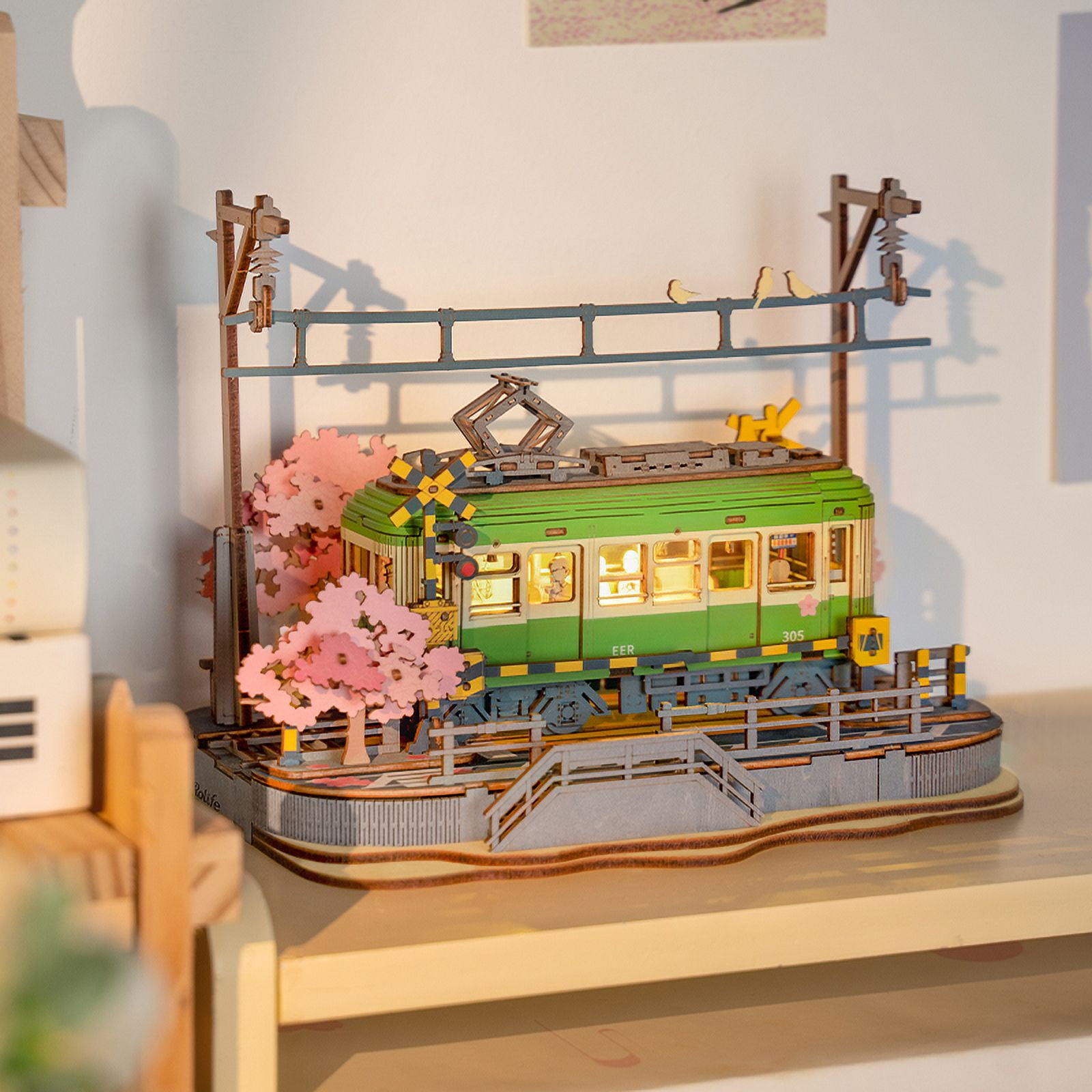 Rolife 3D Puzzle Wooden Jigsaw Car Toy DIY Model Kit for Adults, Building Toy with LED Light Diorama Tram Hobby for Kids Brain Teaser (Sakura Journey)
