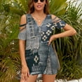 thumbnail image 3 of Denim Patchwork Womens Summer V Neck Zipper Top Short Sleeve T Shirt Off Shoulder Top Casual Classy Loose Shirts, 3 of 7