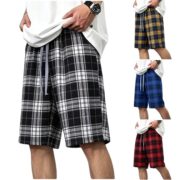 ZRGHAOYLQ Men's Plaid Checkered Casual Shorts Elastic Drawstring Waist Shorts Straight Leg Loose Fit Summer Shorts 5 Inch Leisure Comfy Shorts