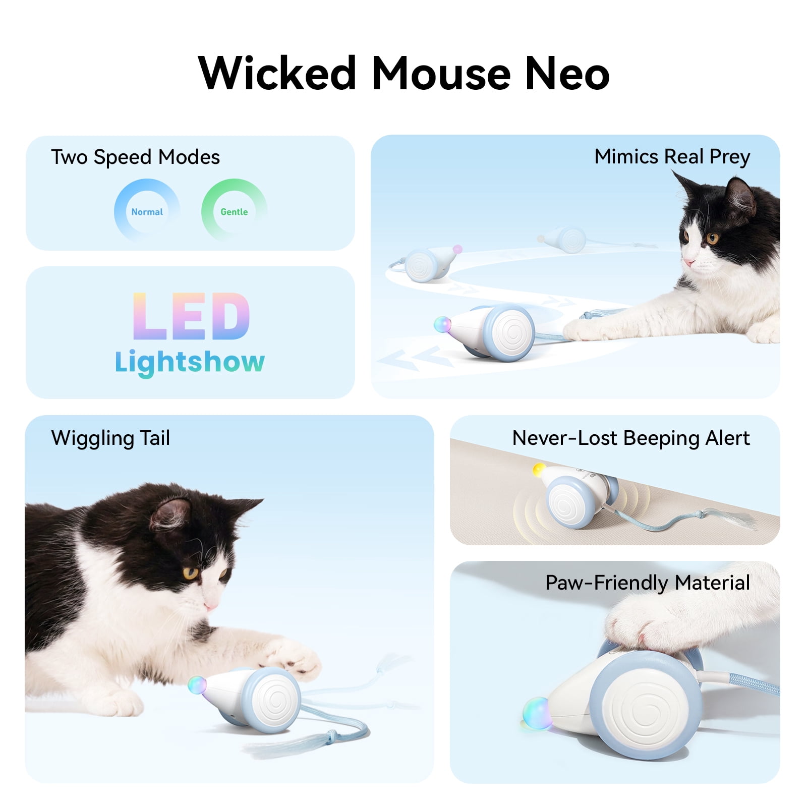 Cheerble Wicked Mouse Neo Automatic Interactive Cat Toy with Tail & LED Light, Milky Blue