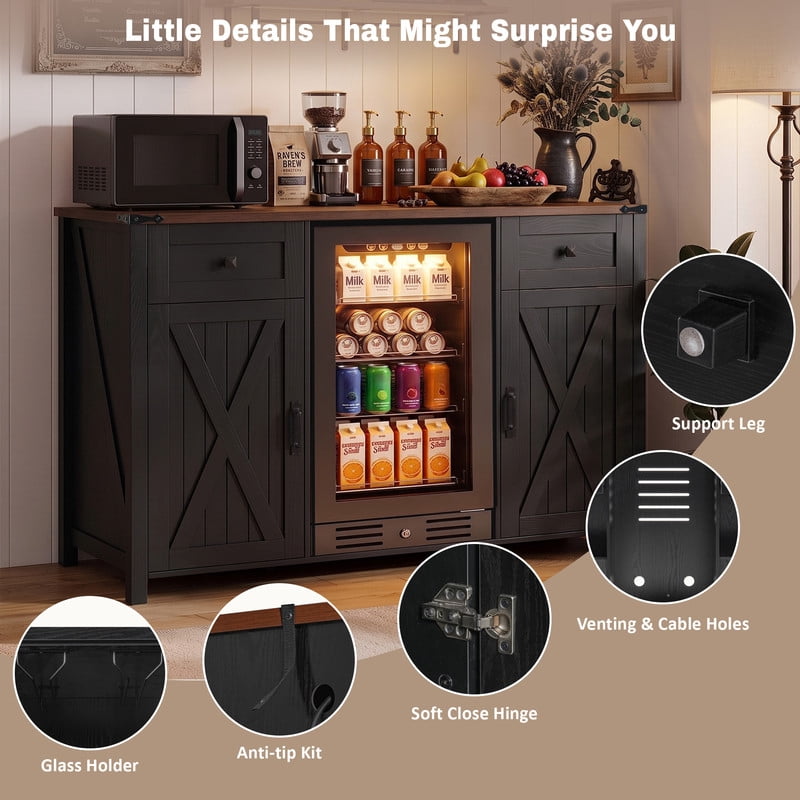 Farmhouse Bar Cabinet with Power Outlet, Home Coffee Storage Cabinet with Mini Fridge Nook, Sideboard Buffet with Barn Doors & 2 Drawers