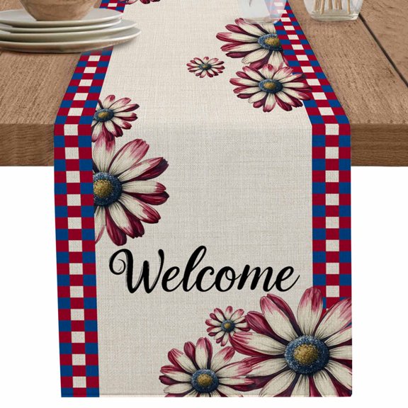 nqOlkjepod Red Blue Daisy Table Runner 48 Inches Long Farmhouse Dress Scarves, 4th of July Welcome Plaid Farmhouse Dining Tablerunner for Coffee Table/Kitchen Island/Party Décor, 13" x 48"