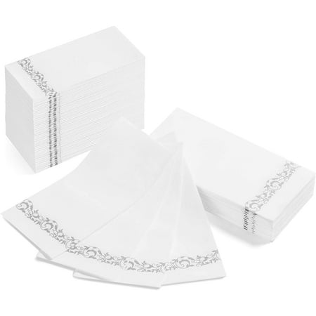 

Disposable Paper Hand Towels for Bathroom Decorative - White Linen-Like Paper Napkins - Ideal For Guest Bathroom Dinner Party Or Wedding (Silver Brocade 100)