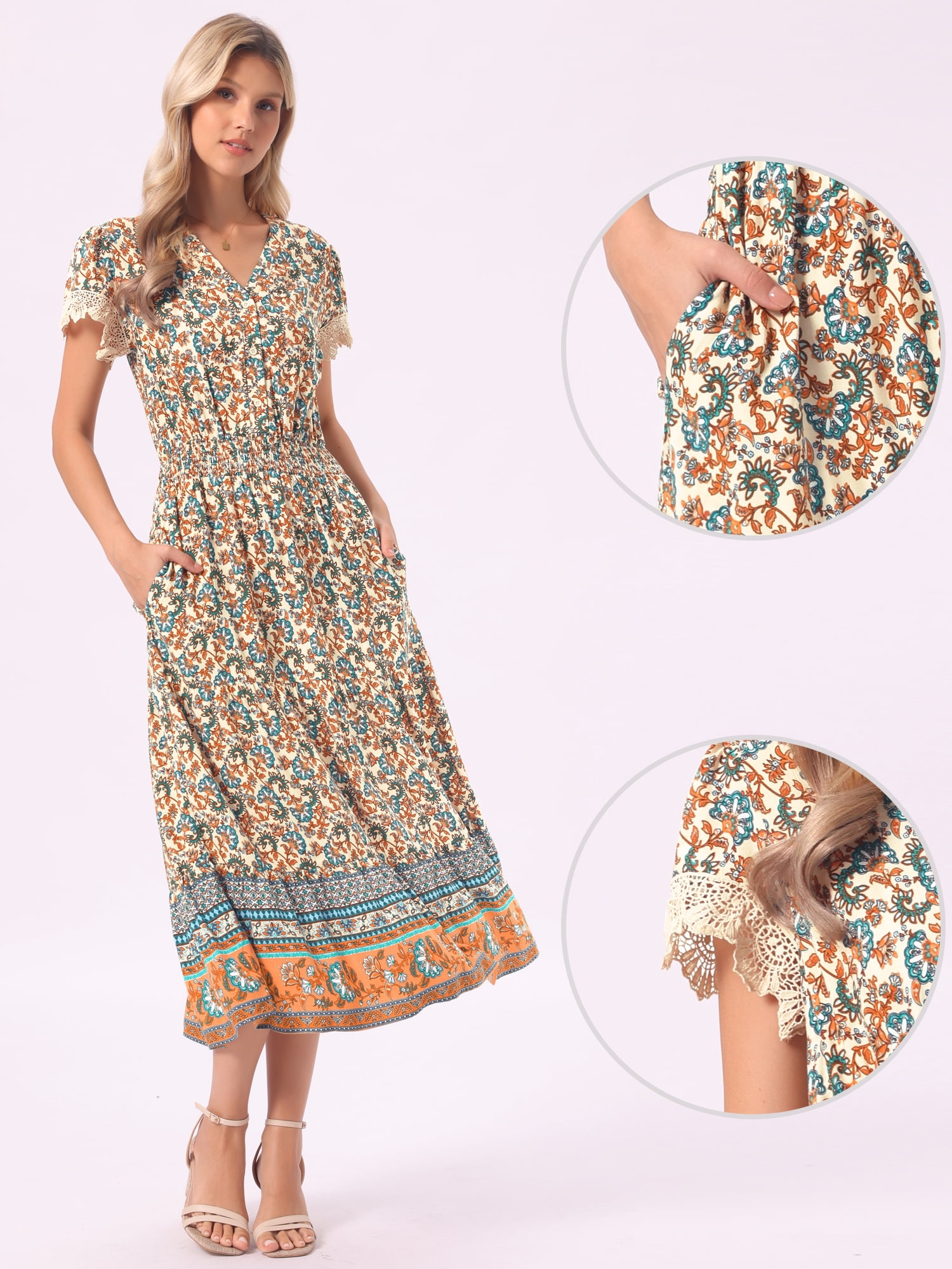 DARING DIVA Women's A-Line Floral Tiered Flowy Cap Sleeve Maxi Boho Dresses S Apricot