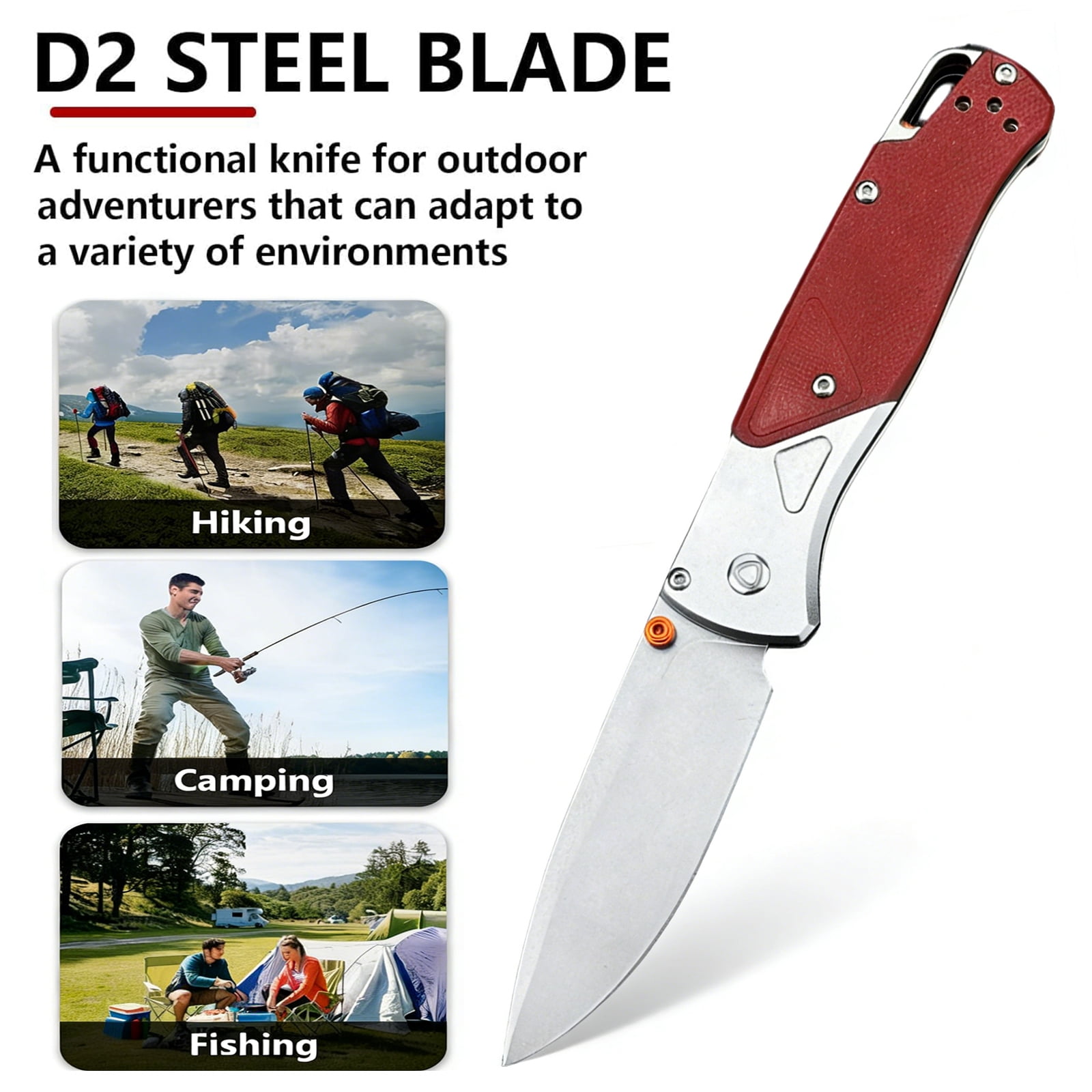 2.95" D2 Steel EDC Pocket Knife, G10 Handle Folding Knife with Lanyard Hole & Pocket Clip for Camping, Hiking, Everyday Carry