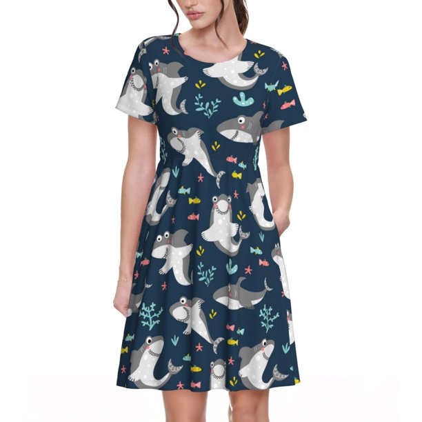 Easygdp Friendly Sharks para Vestido Transpirable de Mujer, Vestido Suelto de Manga Corta con Pliegues y Bolsillos para el Verano