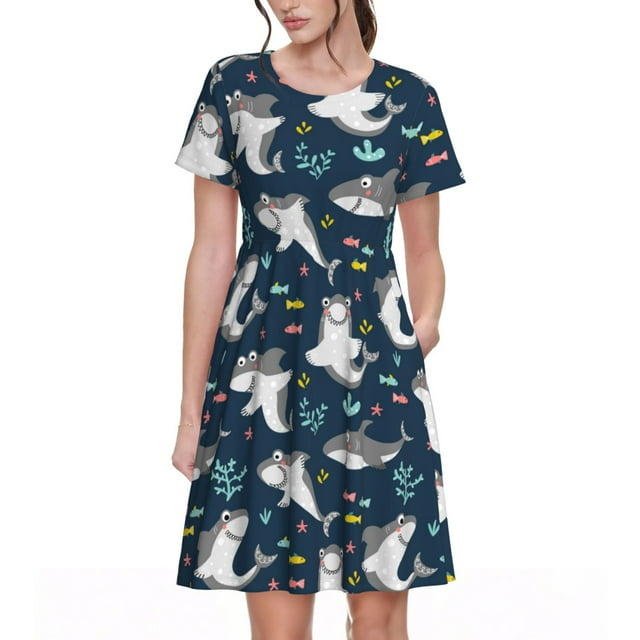 Saiise Robes d'Été à Motif de Requins Amicaux pour Femmes, T-Shirt Décontracté à Manches Courtes, Robe Soleil Fleurie, Couvre-Maillots de Plage avec Poches