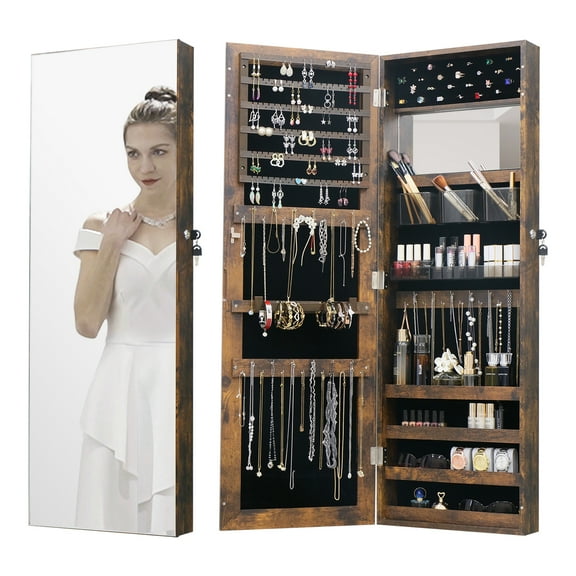Jewelry Armoire Cabinet Organizer for Makeup over The Door Mirror with Jewelry Box Lockable Storage Full Length Mirror Rustic Brown