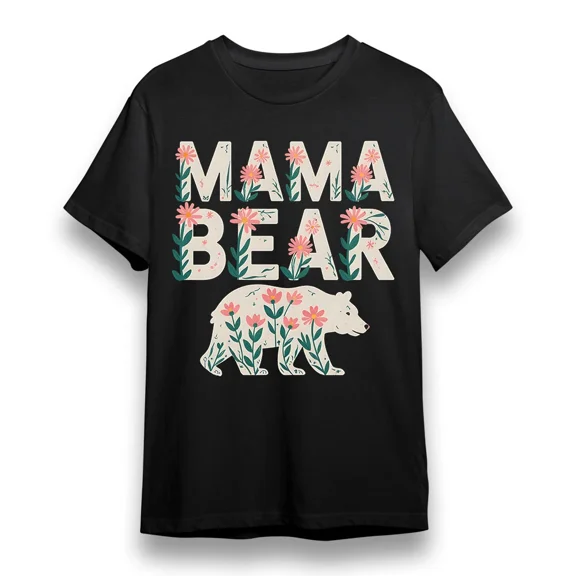 Women's T-shirt With Floral Mama Bear Graphic Black 105% Cotton Tee ,Regular Fit