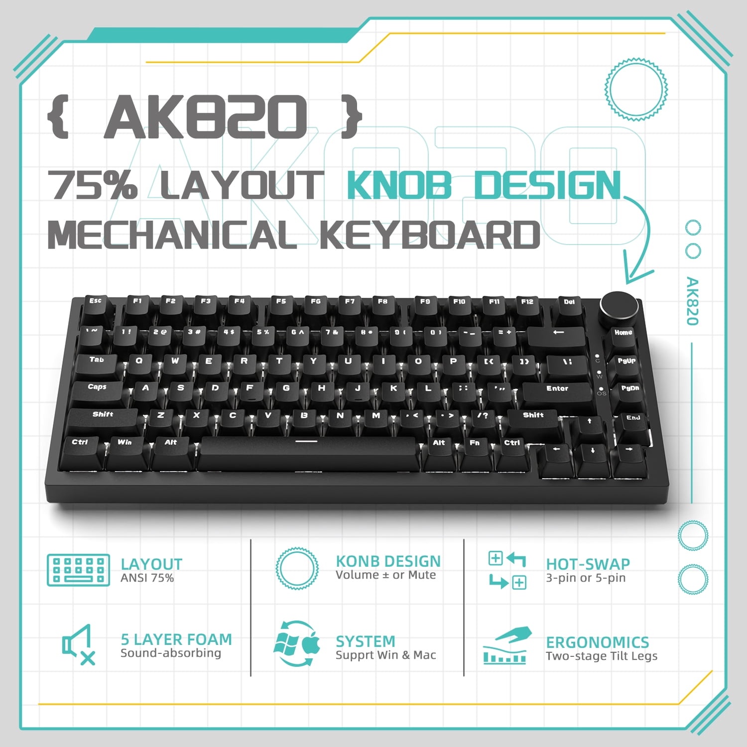AJAZZ AK820 75% Wired Mechanical Gaming Keyboard, Gasket Mount, Hot Swappable Red Switches, RGB Backlit, PBT Keycaps, Volume Knob, PC/Mac Compatible - Black