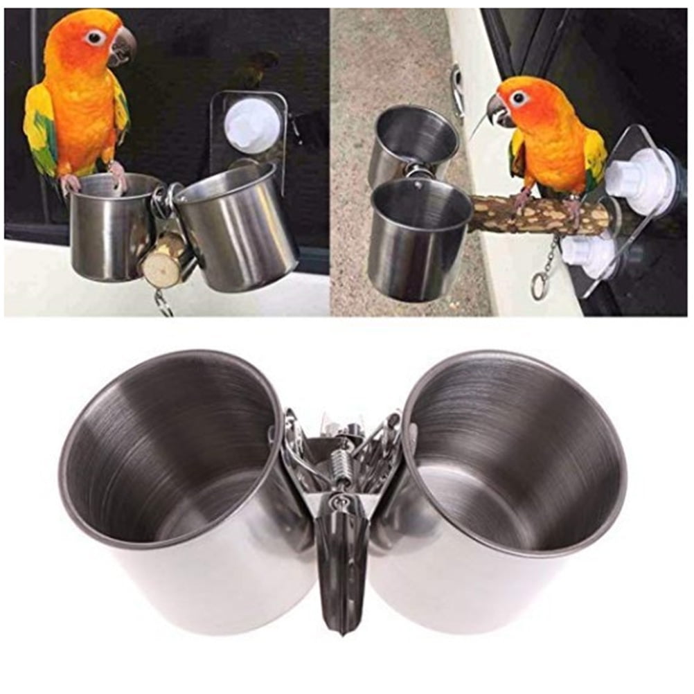 Parrot Feeding Cups Stainless Steel Birds Food Dish Feeders Dual Water