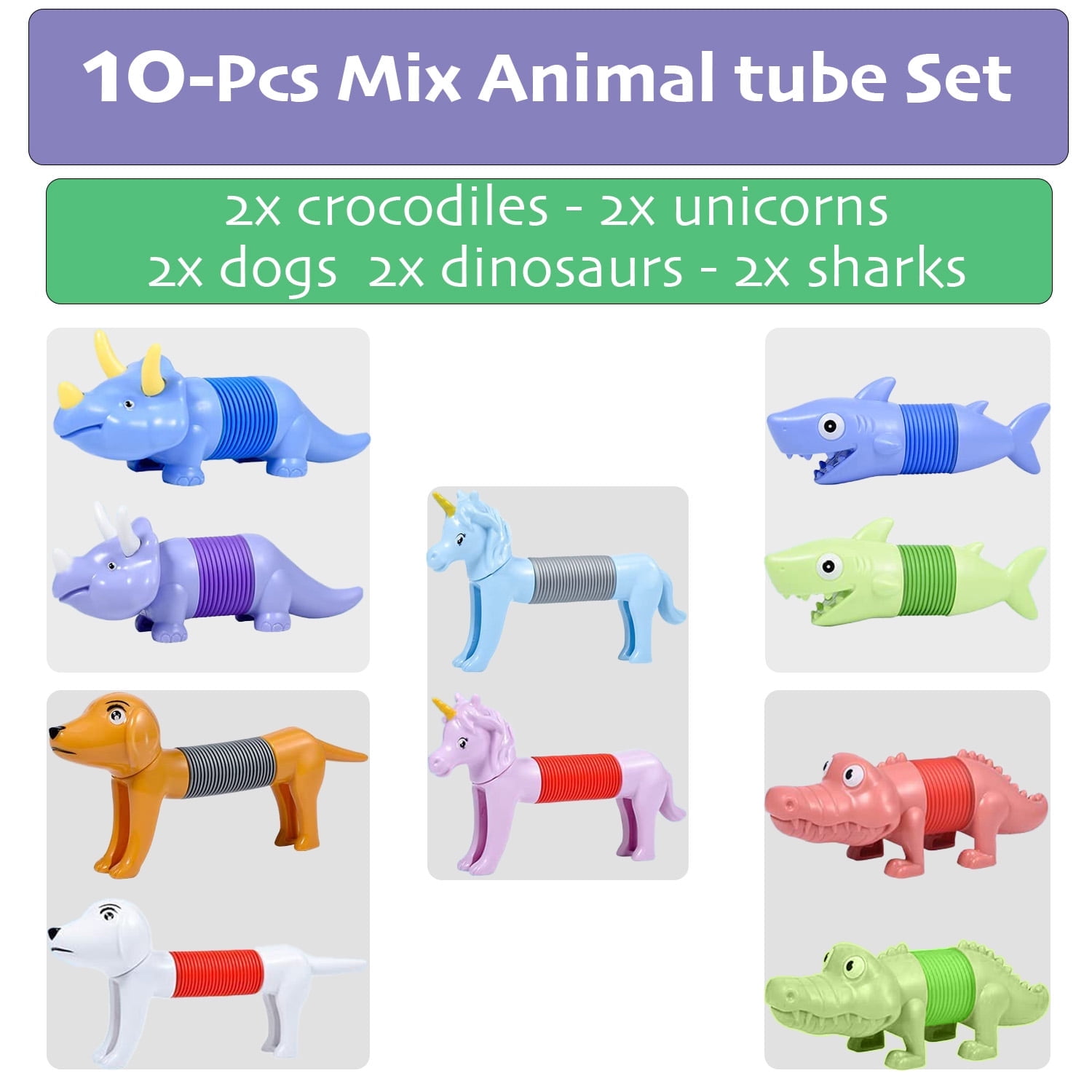 10 Pcs Animal Shape Sensory Pop Tubes Fidget Toys for Kids - Stress Relief Spring Sensory Toys