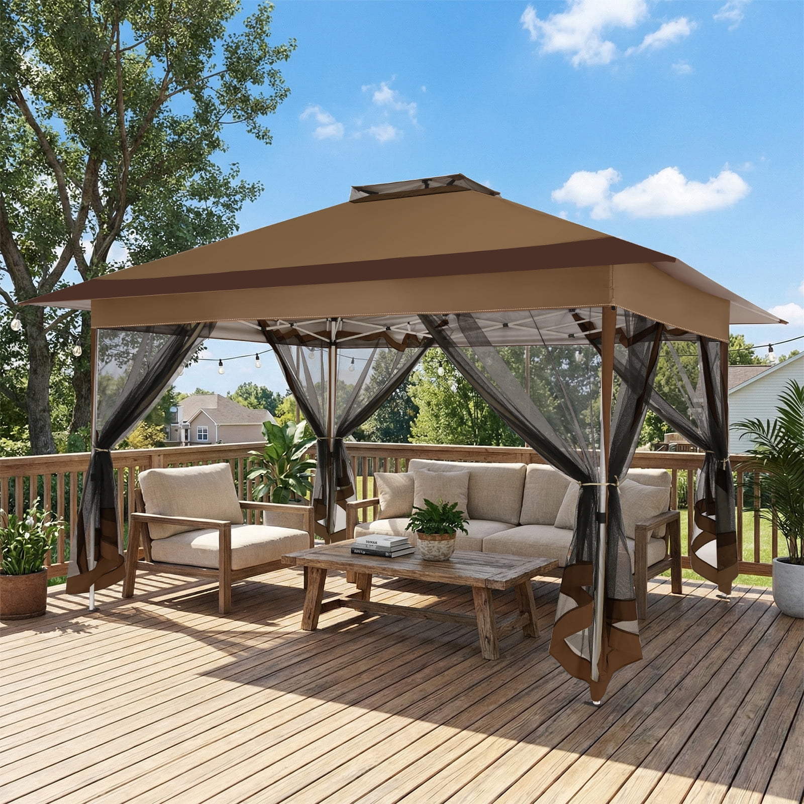 COBIZI 10x15 Pop-Up Gazebo with Mosquito Netting, Outdoor Patio Canopy Tent with 2-Tier Ventilated Roof, 3 Adjustable Heights, Provides 150 Sq Ft Shade, Brown