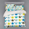 thumbnail image 1 of Juego de cama de dibujos animados, ballenas coloridas, adornos abstractos divertidos, cuadrados punteados, líneas, animales, juego de funda nórdica de 3 piezas con funda y sábana ajustable, gris, 1 of 4