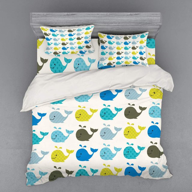 Juego de cama de dibujos animados, ballenas coloridas, adornos abstractos divertidos, cuadrados punteados, líneas, animales, juego de funda nórdica de 3 piezas con funda y sábana ajustable, gris