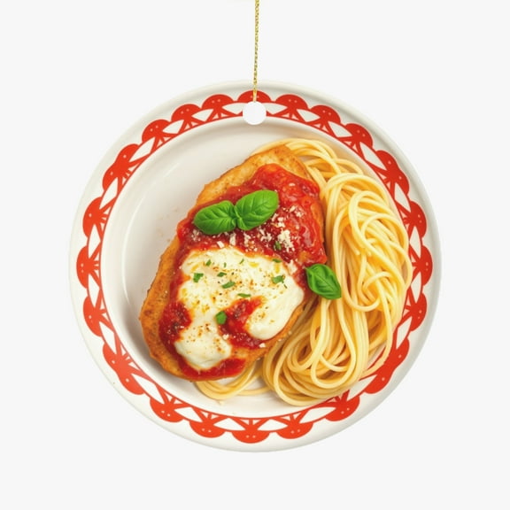 Chicken Parmigiana, Marinara Sauce, Parmesan, Spaghetti, Italian Cuisine Christmas Ornament, Food Foodie Novelty Xmas Tree Gift Accessory Funny Ornaments (Flat Design Printed on Ceramic, NOT 3D)